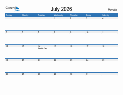 Current month calendar with Mayotte holidays for July 2026