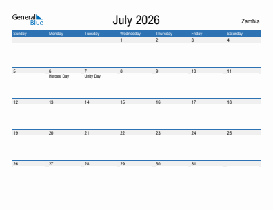 Current month calendar with Zambia holidays for July 2026