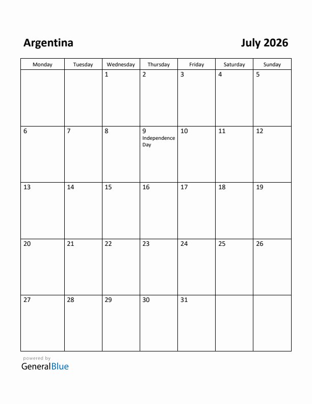 July 2026 Calendar with Argentina Holidays