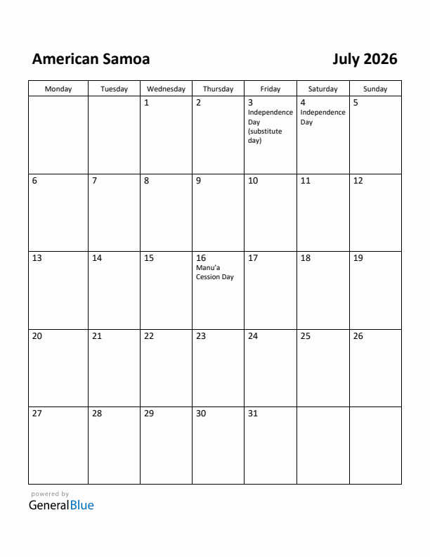 July 2026 Calendar with American Samoa Holidays