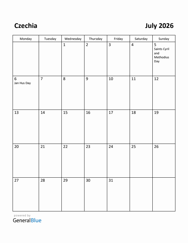 July 2026 Calendar with Czechia Holidays