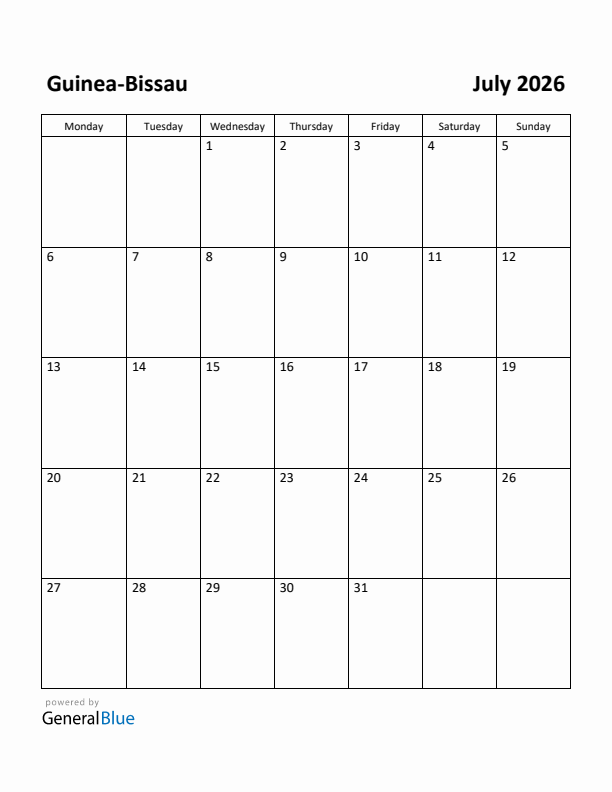 July 2026 Calendar with Guinea-Bissau Holidays