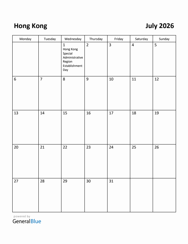 July 2026 Calendar with Hong Kong Holidays