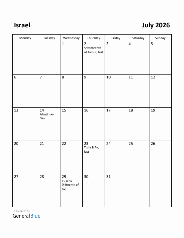 July 2026 Calendar with Israel Holidays