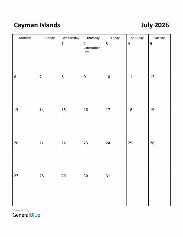 July 2026 Calendar with Cayman Islands Holidays