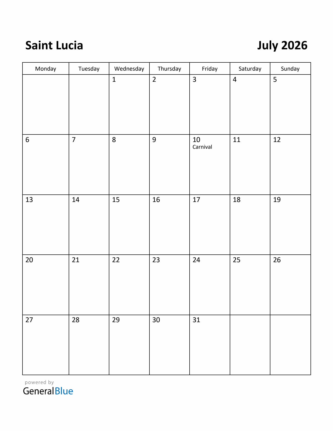 July 2026 Calendar with Saint Lucia Holidays
