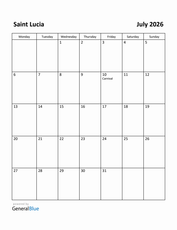July 2026 Calendar with Saint Lucia Holidays