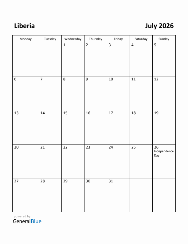 July 2026 Calendar with Liberia Holidays