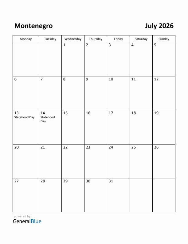 July 2026 Calendar with Montenegro Holidays