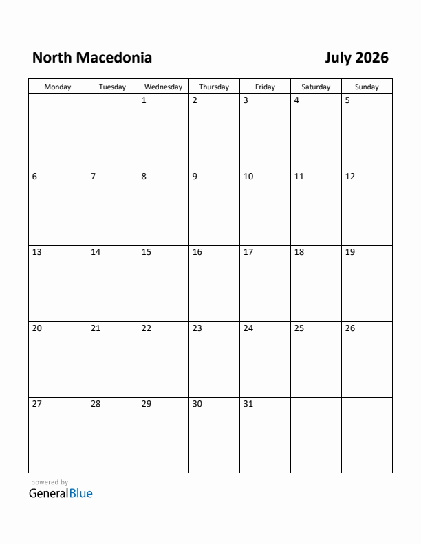 July 2026 Calendar with North Macedonia Holidays
