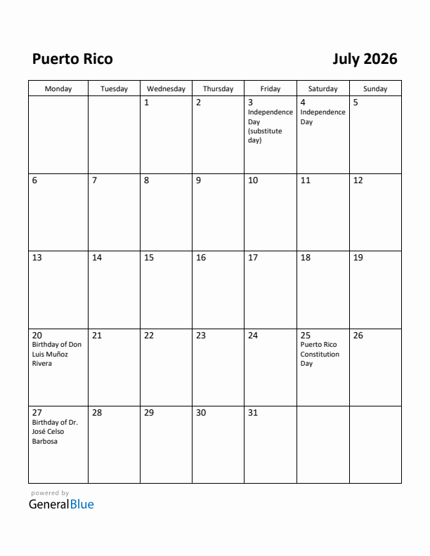 July 2026 Calendar with Puerto Rico Holidays