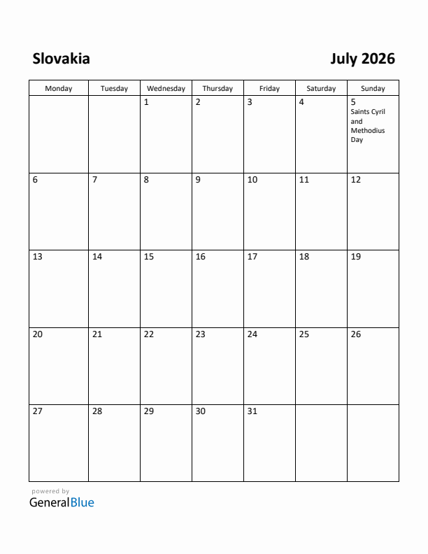July 2026 Calendar with Slovakia Holidays