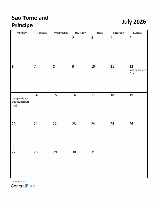 July 2026 Calendar with Sao Tome and Principe Holidays