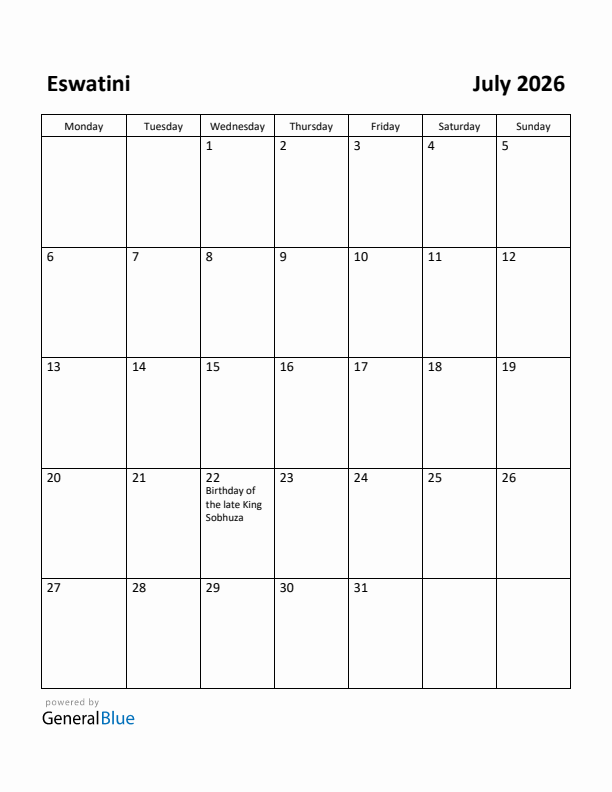 July 2026 Calendar with Eswatini Holidays