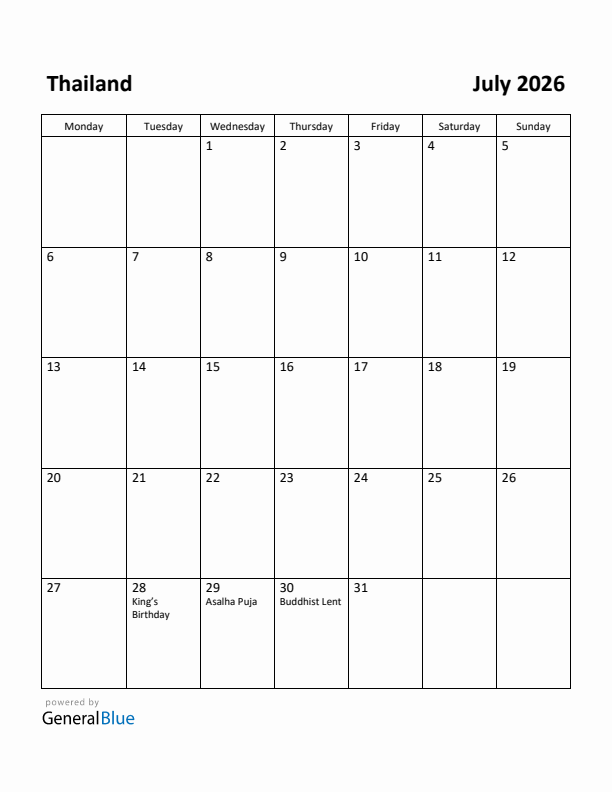 July 2026 Calendar with Thailand Holidays