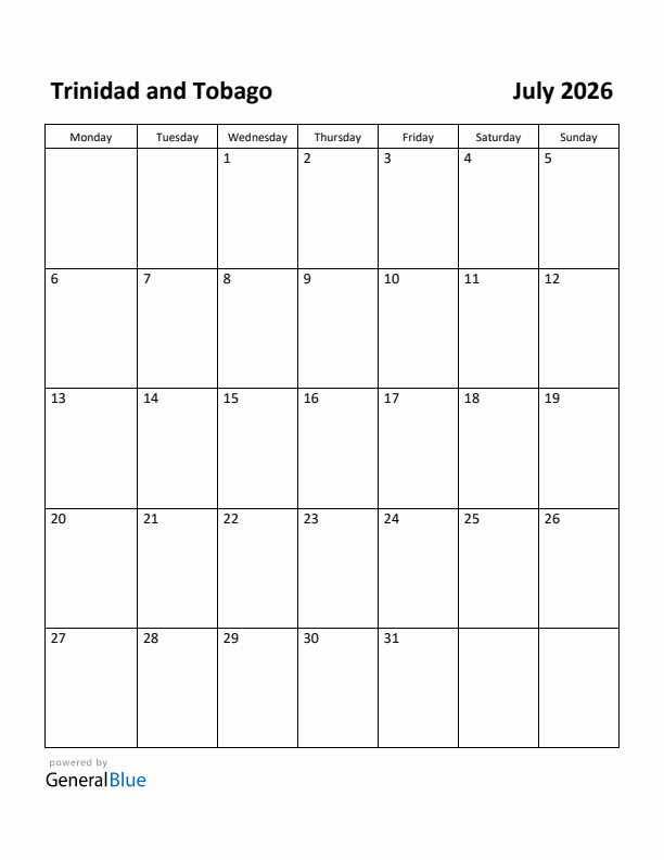 July 2026 Calendar with Trinidad and Tobago Holidays