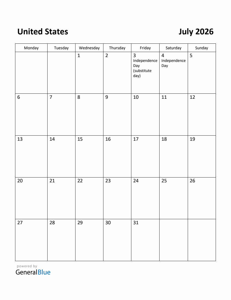 Free Printable July 2026 Calendar for United States