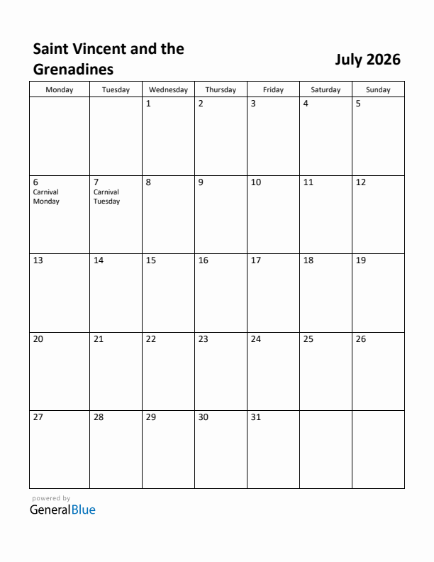July 2026 Calendar with Saint Vincent and the Grenadines Holidays