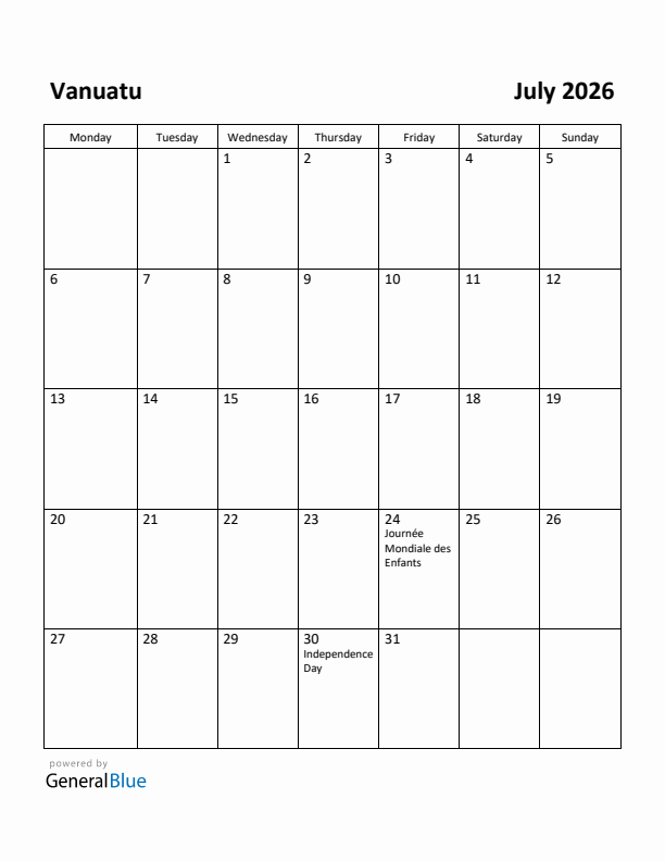 July 2026 Calendar with Vanuatu Holidays