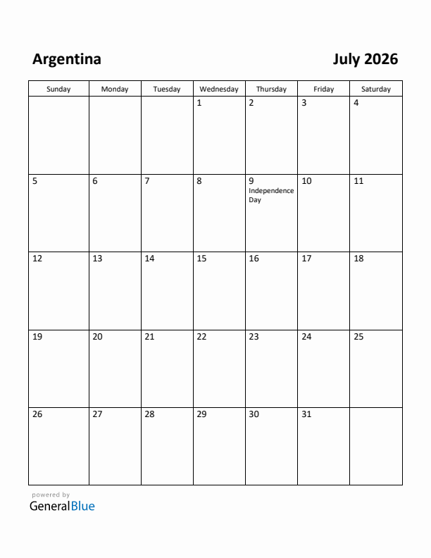 July 2026 Calendar with Argentina Holidays