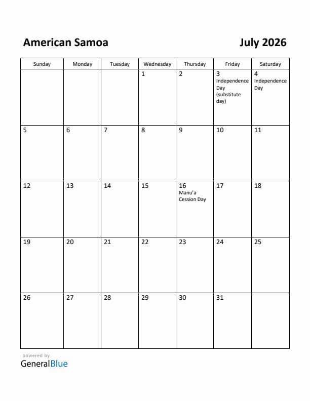 July 2026 Calendar with American Samoa Holidays