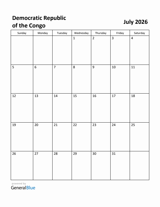 July 2026 Calendar with Democratic Republic of the Congo Holidays