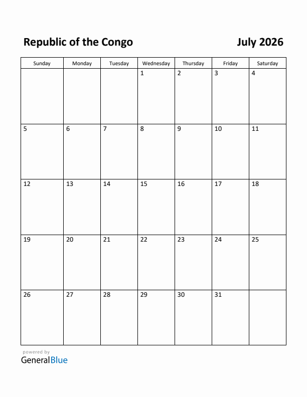 July 2026 Calendar with Republic of the Congo Holidays