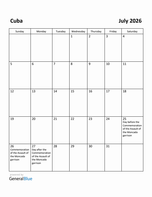 July 2026 Calendar with Cuba Holidays