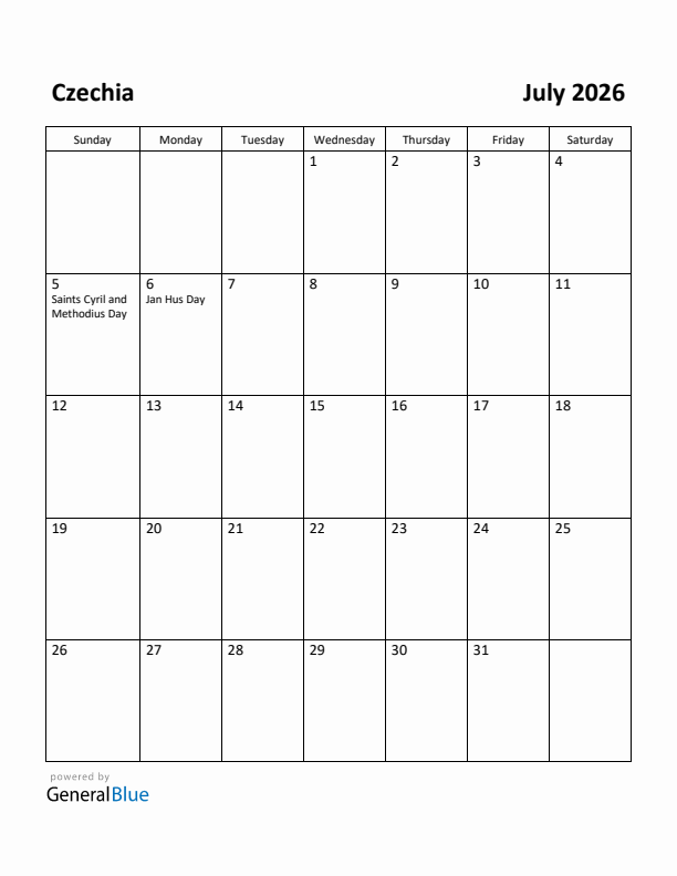 July 2026 Calendar with Czechia Holidays