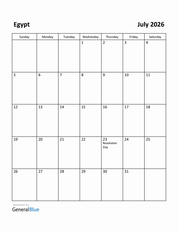 July 2026 Calendar with Egypt Holidays