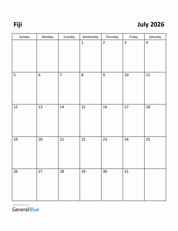 July 2026 Calendar with Fiji Holidays