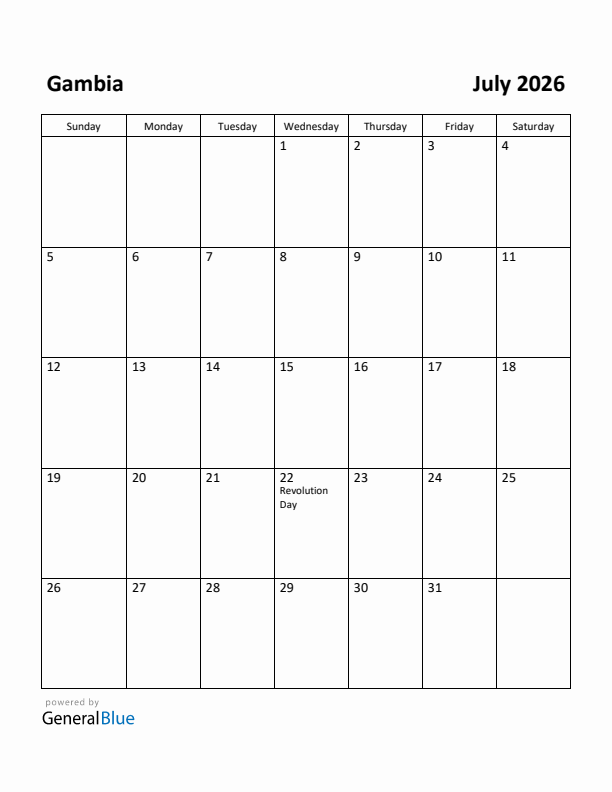 July 2026 Calendar with Gambia Holidays