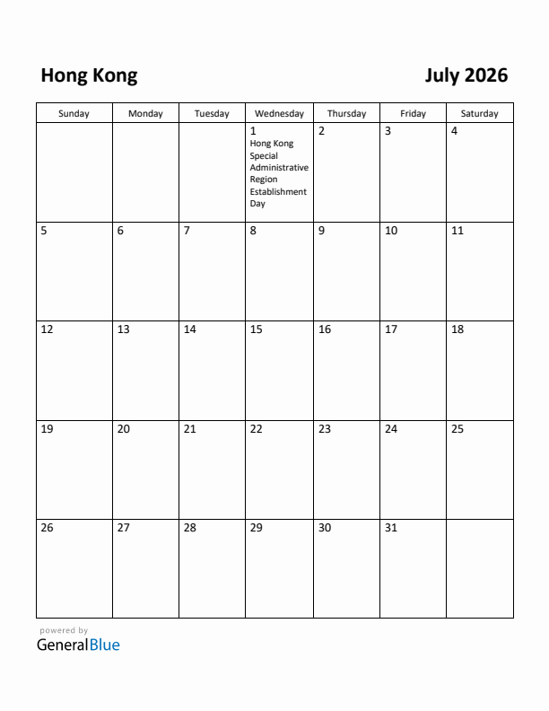 July 2026 Calendar with Hong Kong Holidays