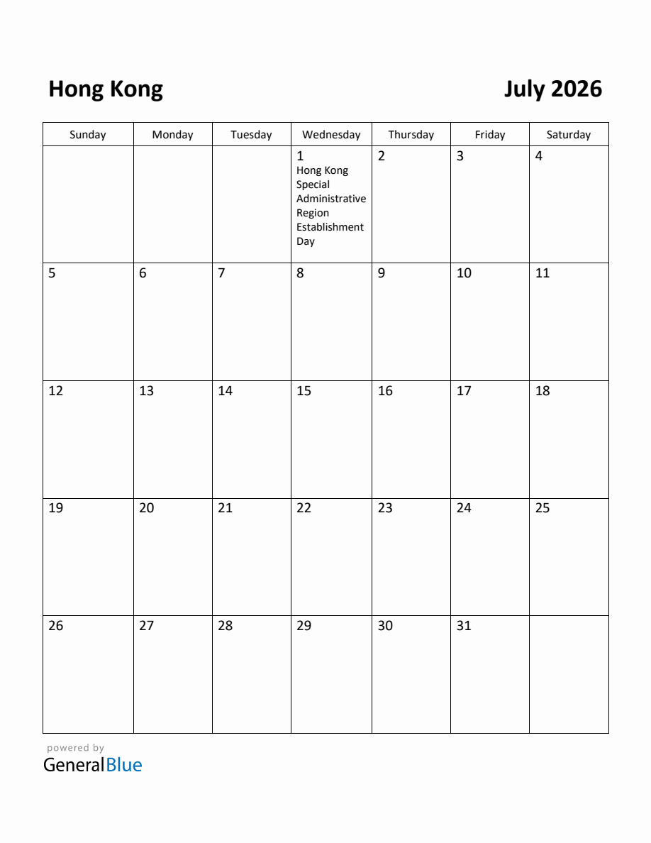 Free Printable July 2026 Calendar for Hong Kong
