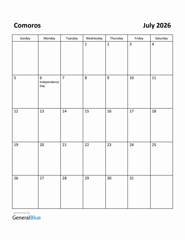 July 2026 Calendar with Comoros Holidays