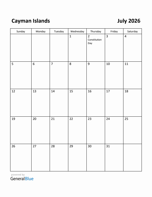 July 2026 Calendar with Cayman Islands Holidays