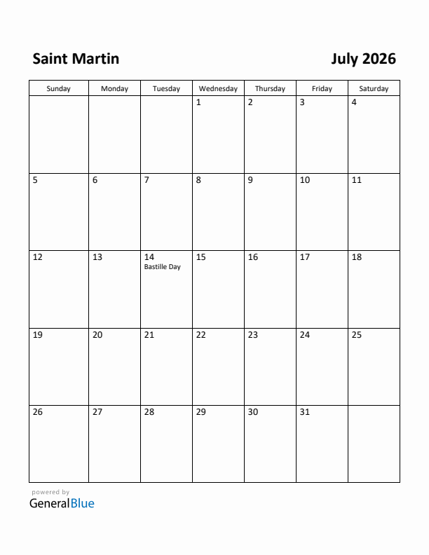 July 2026 Calendar with Saint Martin Holidays