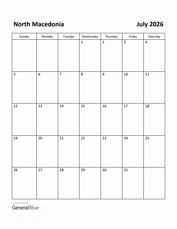July 2026 Calendar with North Macedonia Holidays