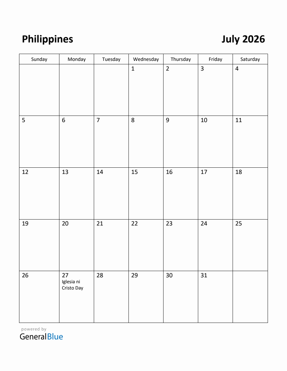 Free Printable July 2026 Calendar for Philippines