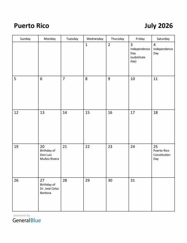 July 2026 Calendar with Puerto Rico Holidays