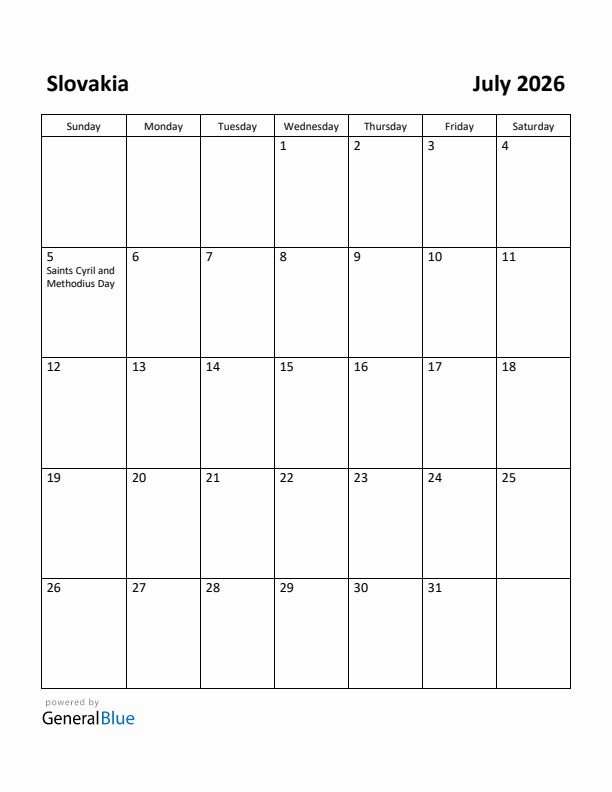July 2026 Calendar with Slovakia Holidays