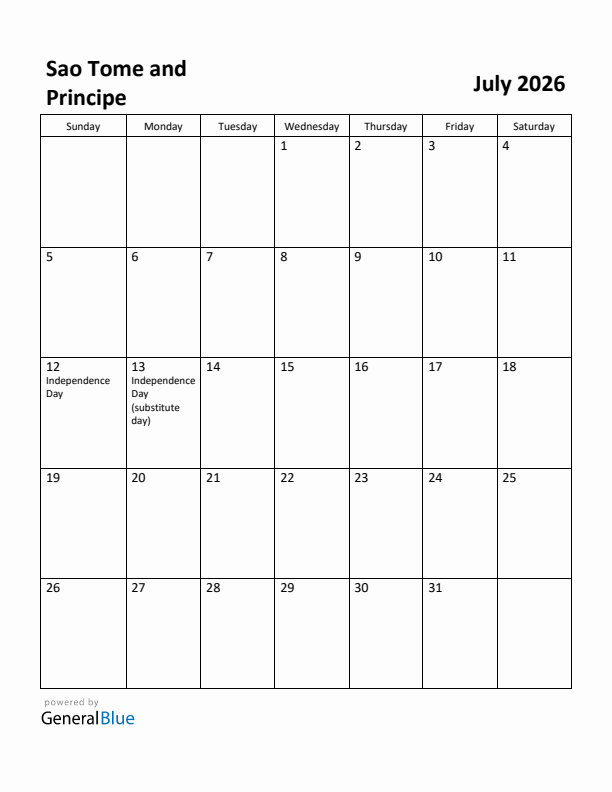 July 2026 Calendar with Sao Tome and Principe Holidays