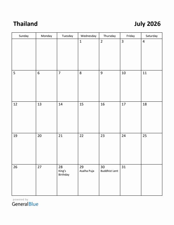 July 2026 Calendar with Thailand Holidays