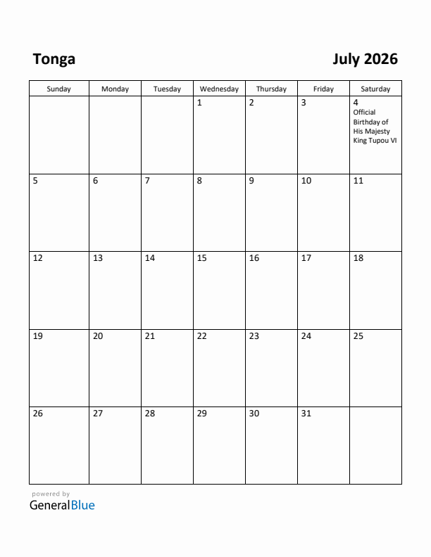 July 2026 Calendar with Tonga Holidays