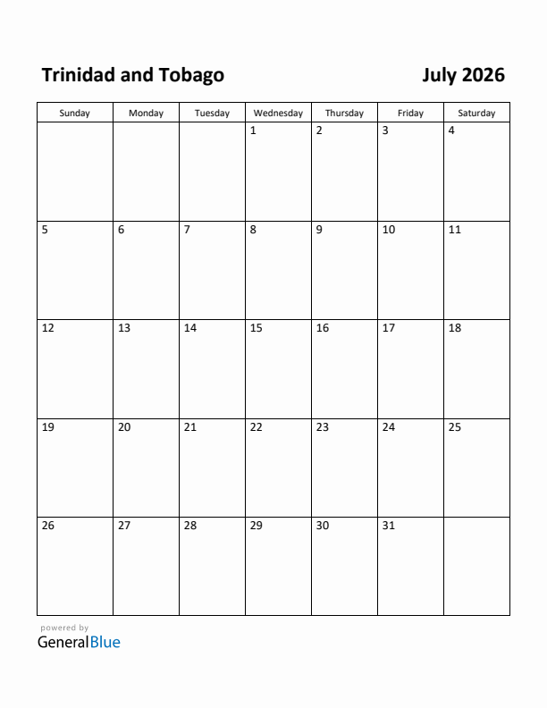 July 2026 Calendar with Trinidad and Tobago Holidays