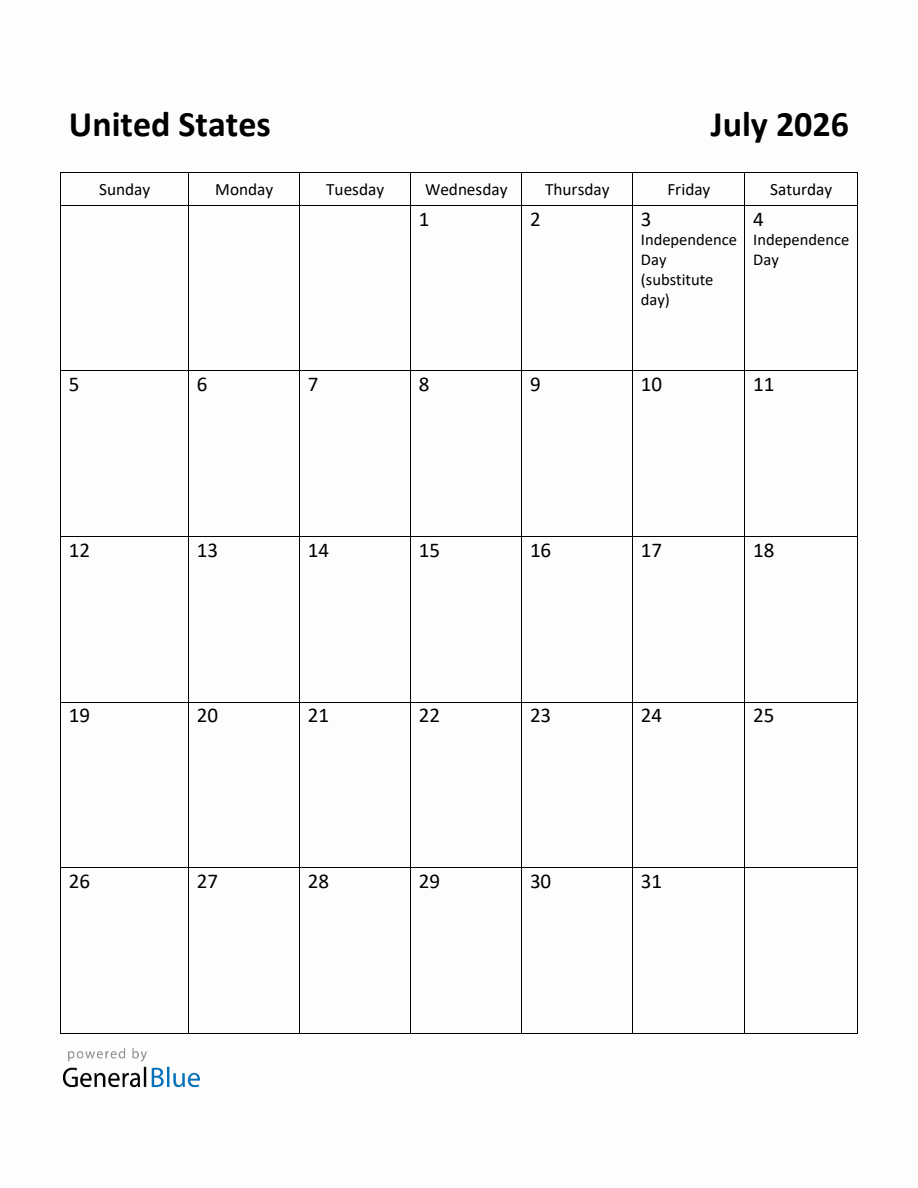 Free Printable July 2026 Calendar for United States
