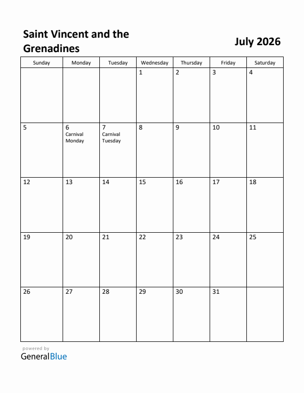 July 2026 Calendar with Saint Vincent and the Grenadines Holidays