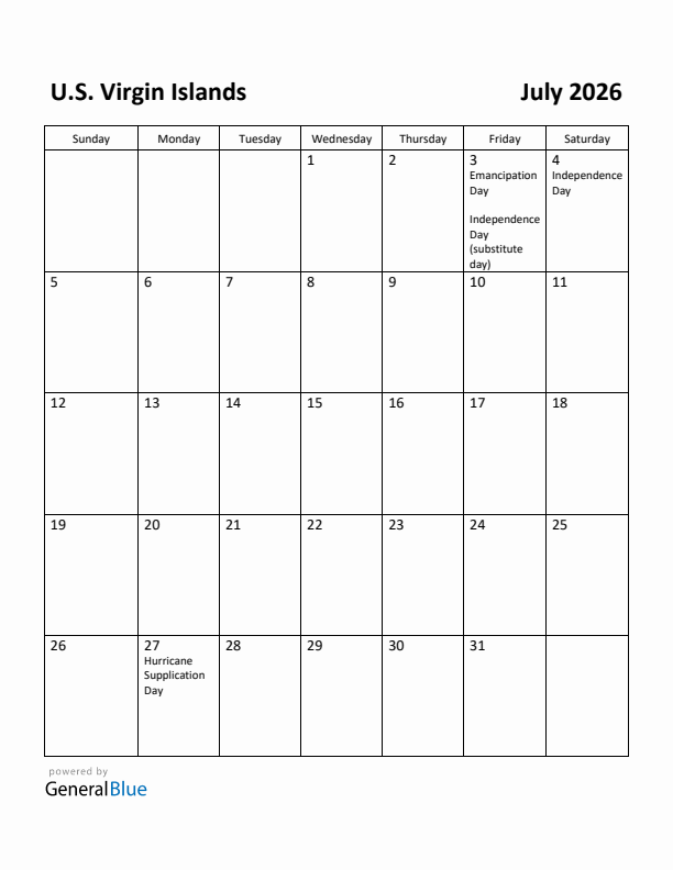 July 2026 Calendar with U.S. Virgin Islands Holidays