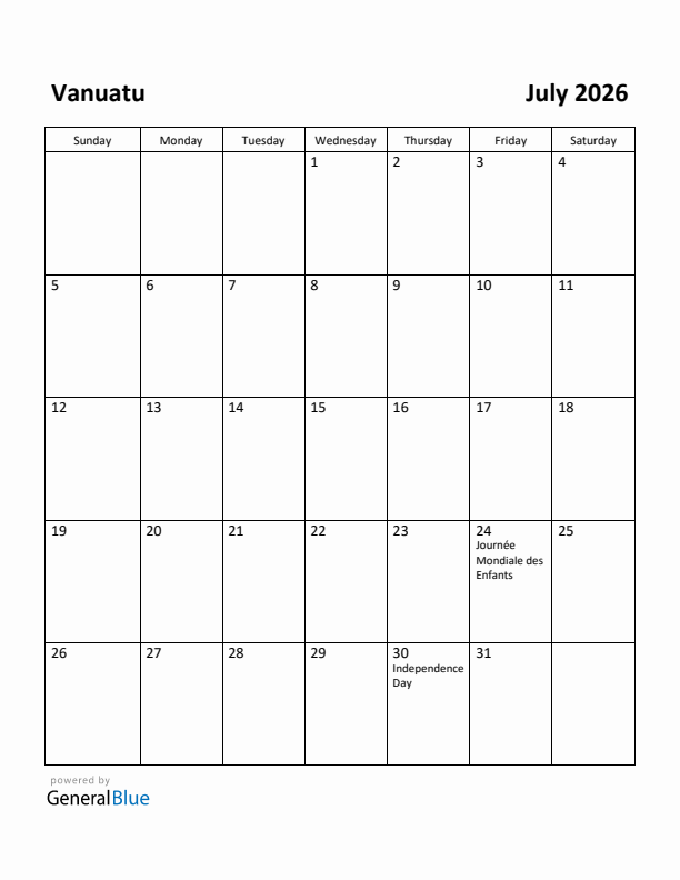 July 2026 Calendar with Vanuatu Holidays