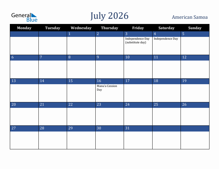 July 2026 American Samoa Calendar (Monday Start)